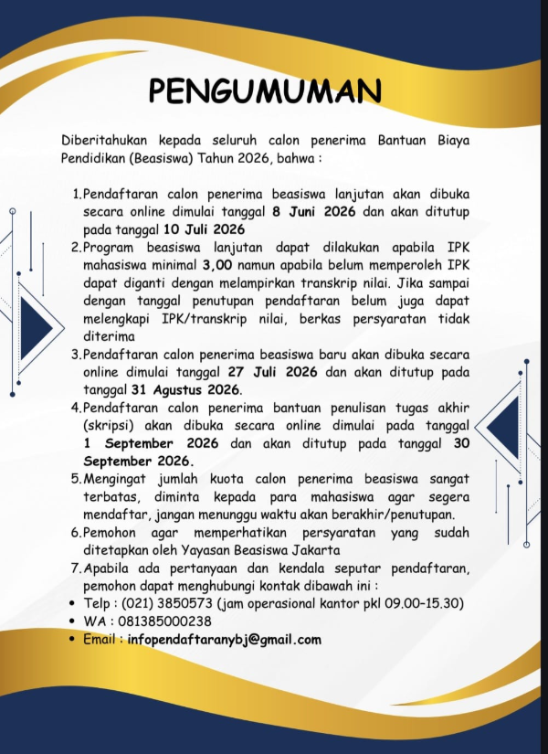 Penerima Bantuan Biaya Pendidikan (Beasiswa) Beasiswa Lanjutan Tahun 2026
