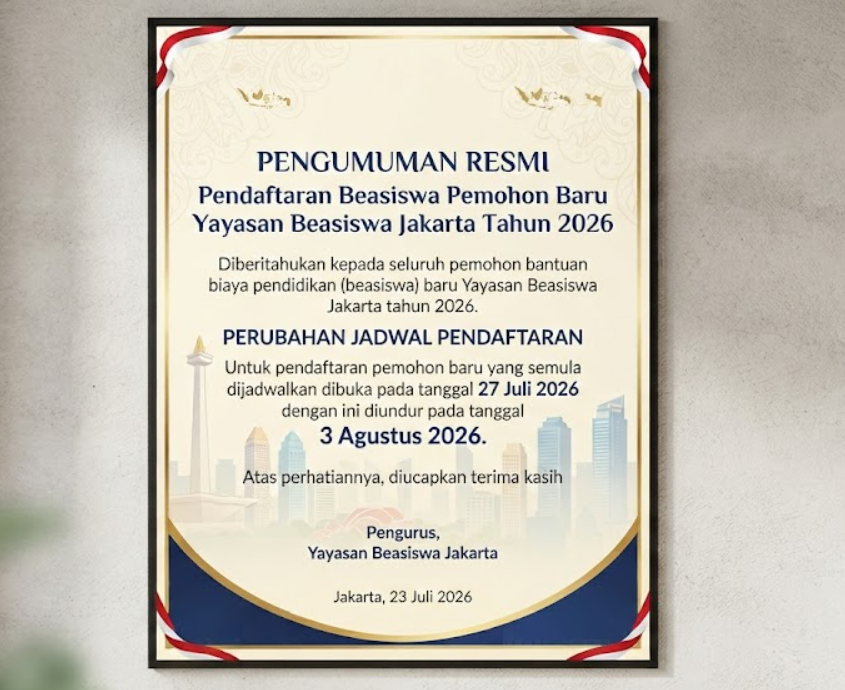 Pemberitahuan bantuan biaya pendidikan (beasiswa) baru Yayasan Beasiswa Jakarta Tahun 2026