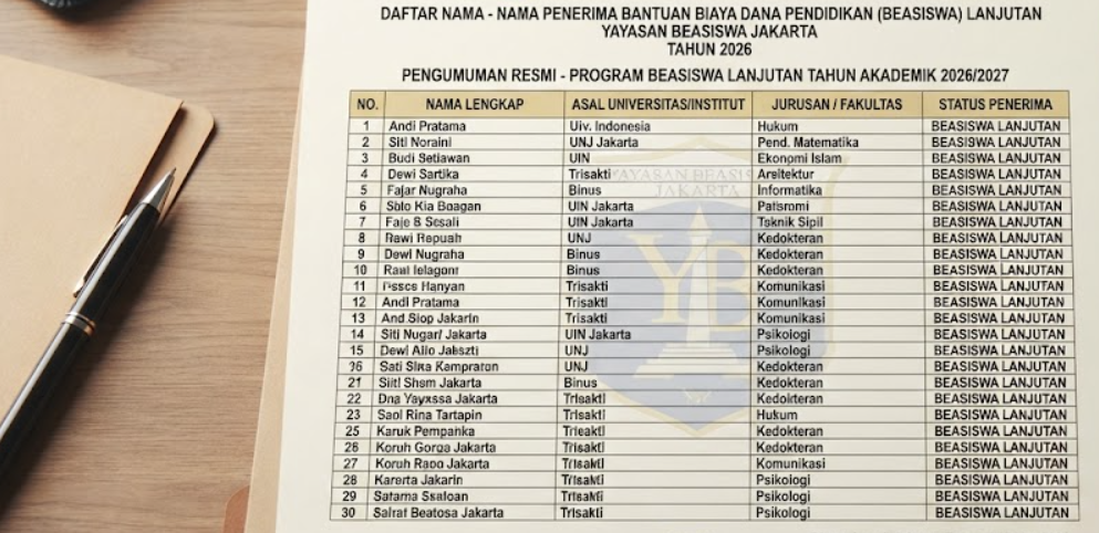Daftar Nama Penerima Bantuan Biaya Dana Pendidikan (Beasiswa) Lanjutan Yayasan Beasiswa Jakarta Tahun 2026