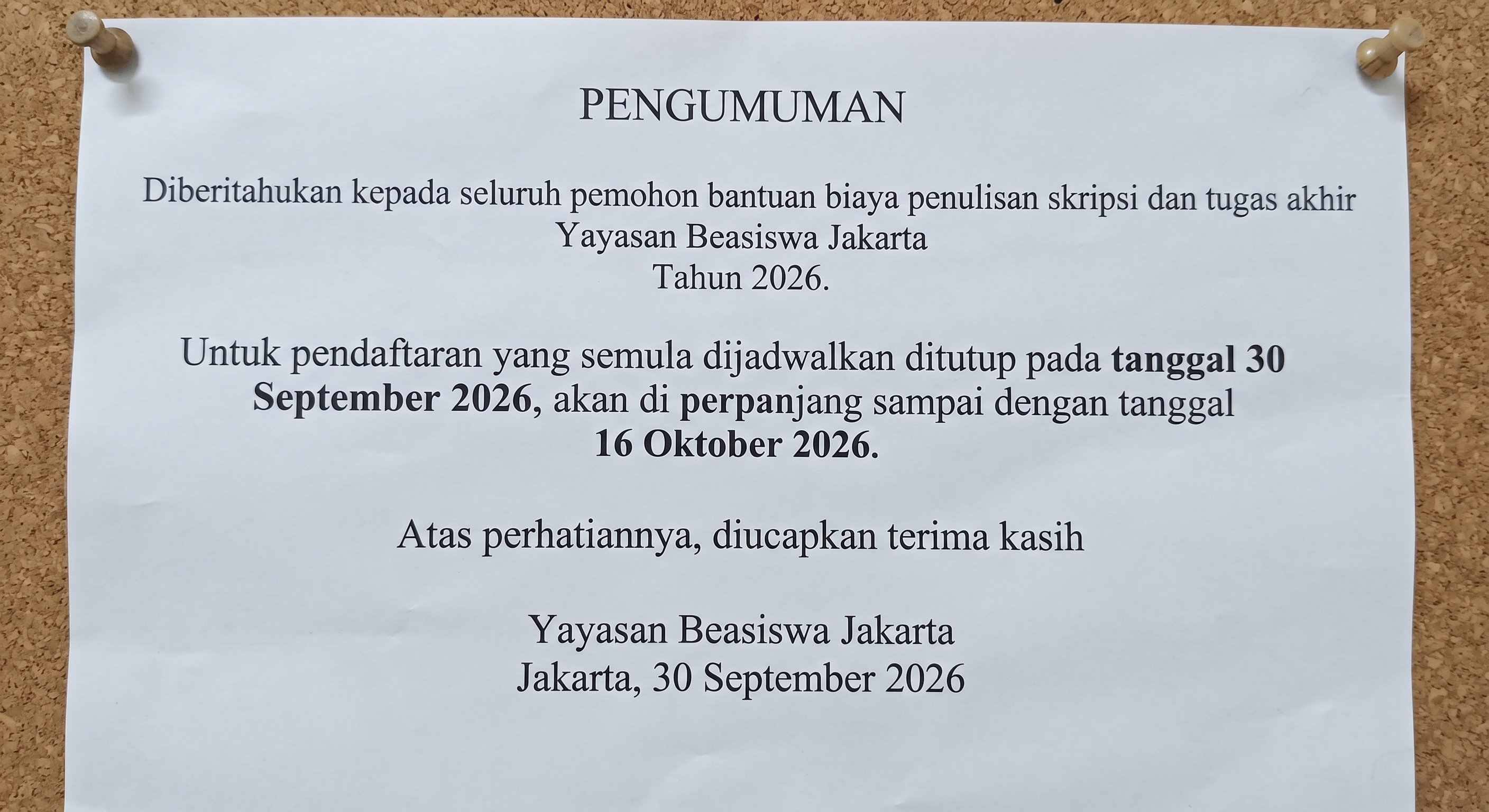 Perpanjangan waktu pengajuan pemohon bantuan biaya penulisan skripsi dan tugas akhir